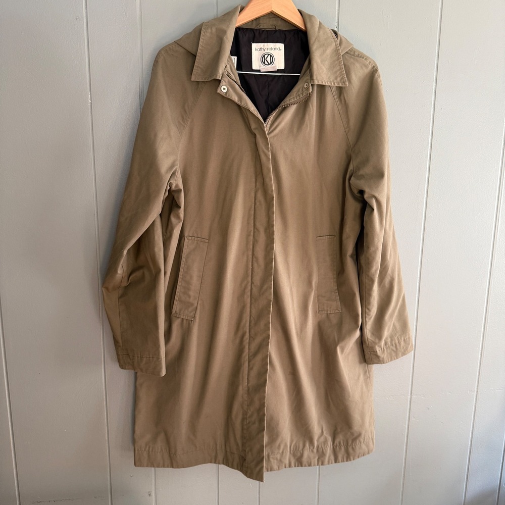 Kathy Ireland Kmart Tan Hooded Trench Coat Womens Large Zip Utility Rain Coa